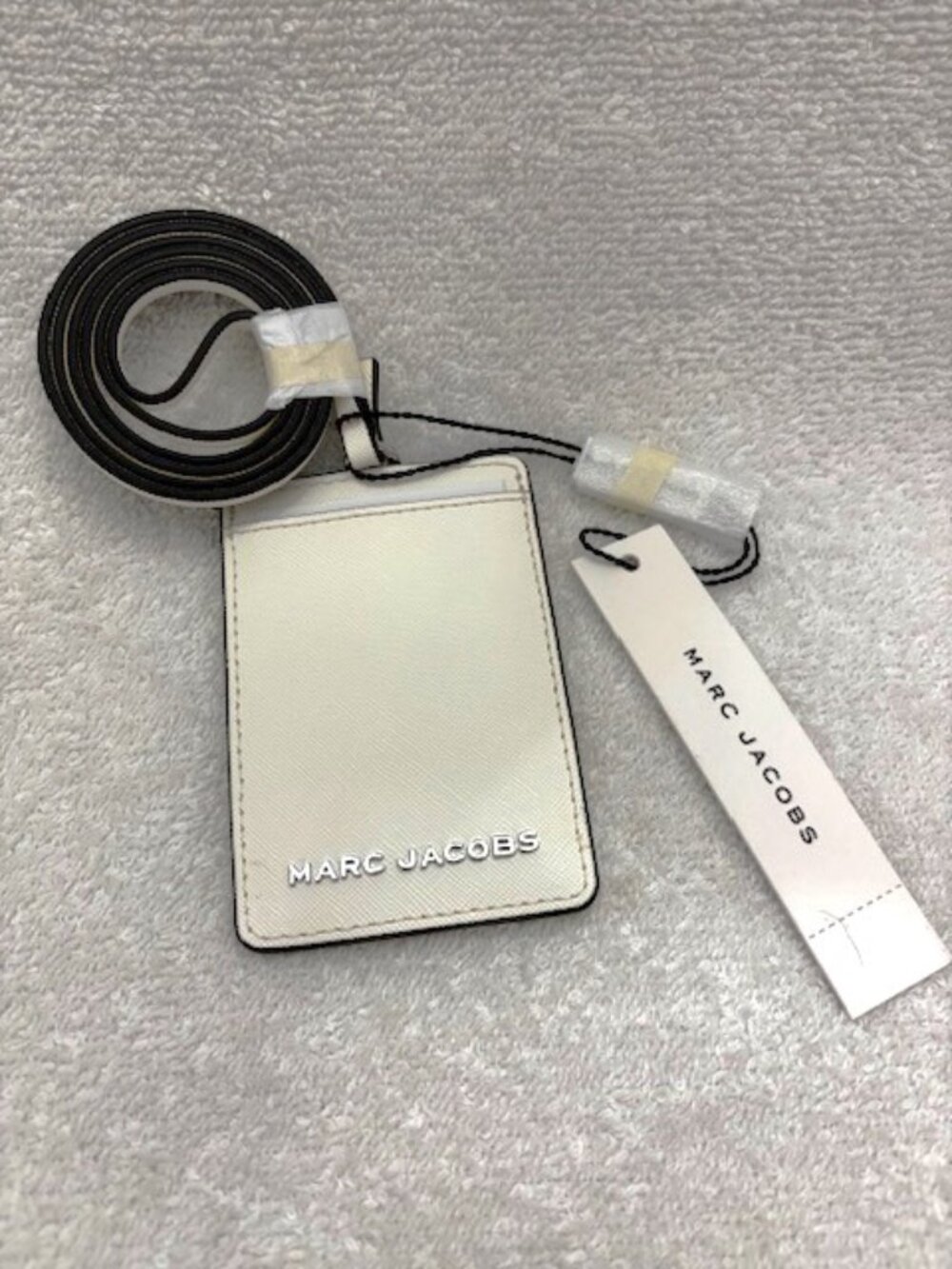 Marc Jacobs white crosshatch leather ID lanyard with silver tone accents NWT